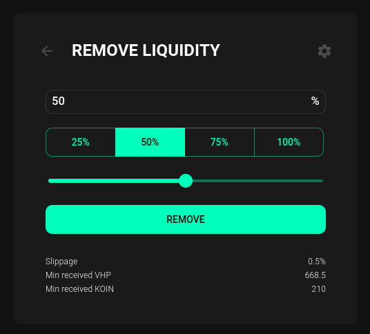 Remove Liquidity page at KoinDX